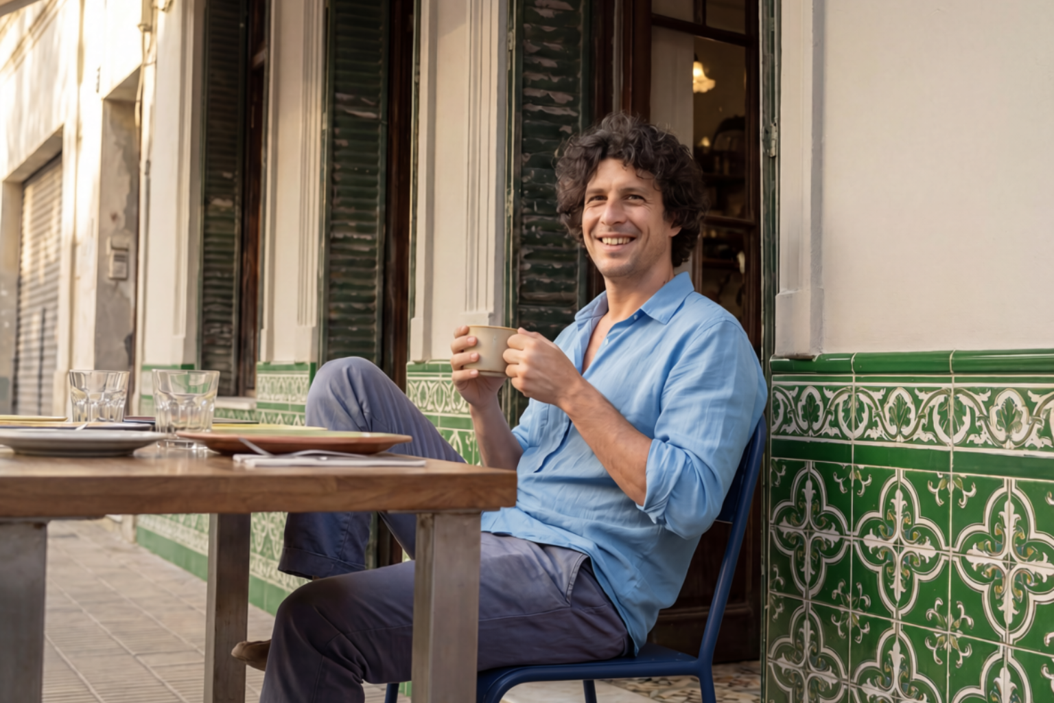 A relaxed man enjoying a coffee outside a café while News Stream handles his marketing