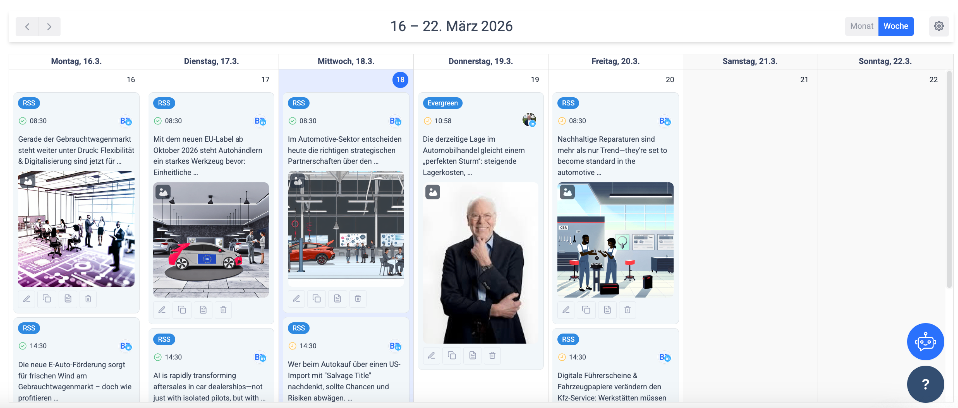 Posting-Kalender: Blau = automatisierter News Stream (RSS), Grün = persönlicher Evergreen Content