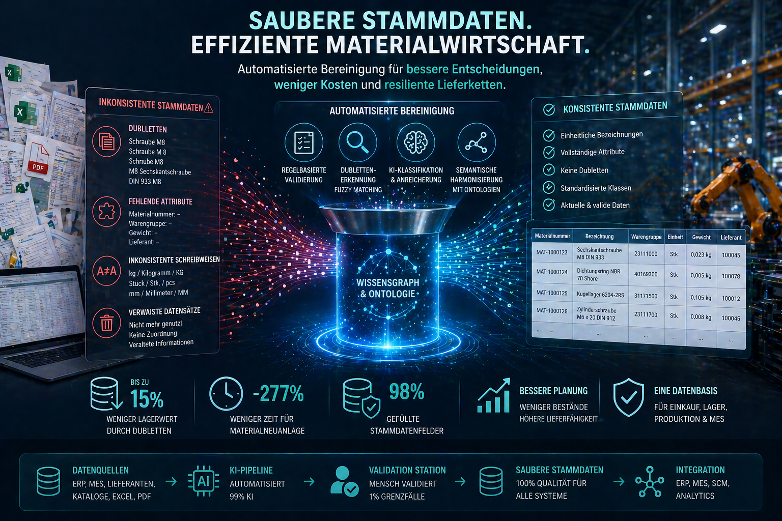 Welche Methoden helfen bei der automatisierten Bereinigung von inkonsistenten Stammdaten in der Materialwirtschaft?